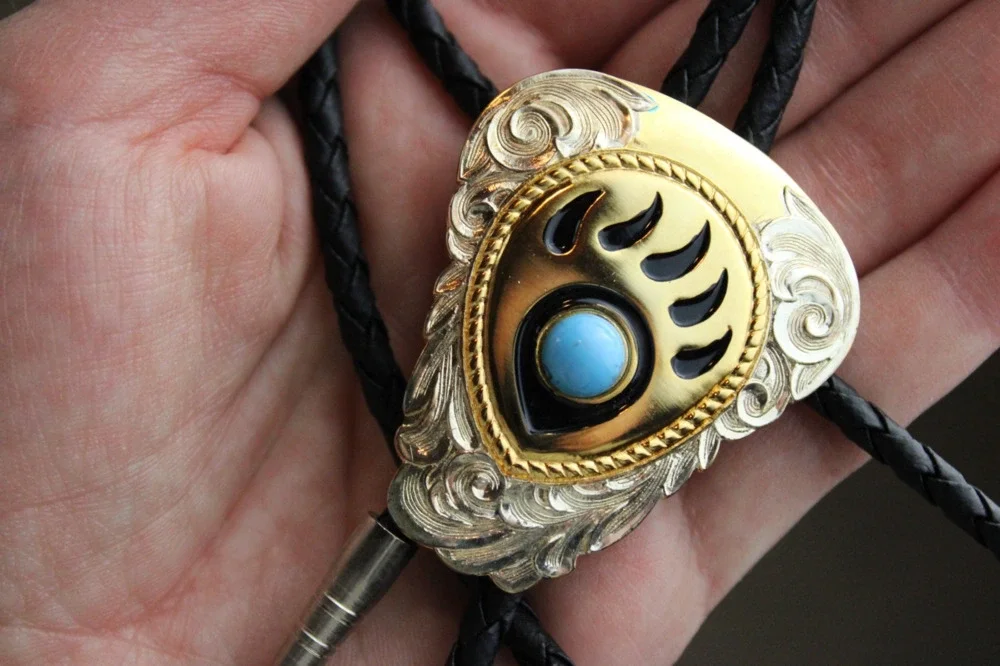 Vintage Brass Bear Paw Turquoise Bolo Tie – Leather Cord – Taiwan Western